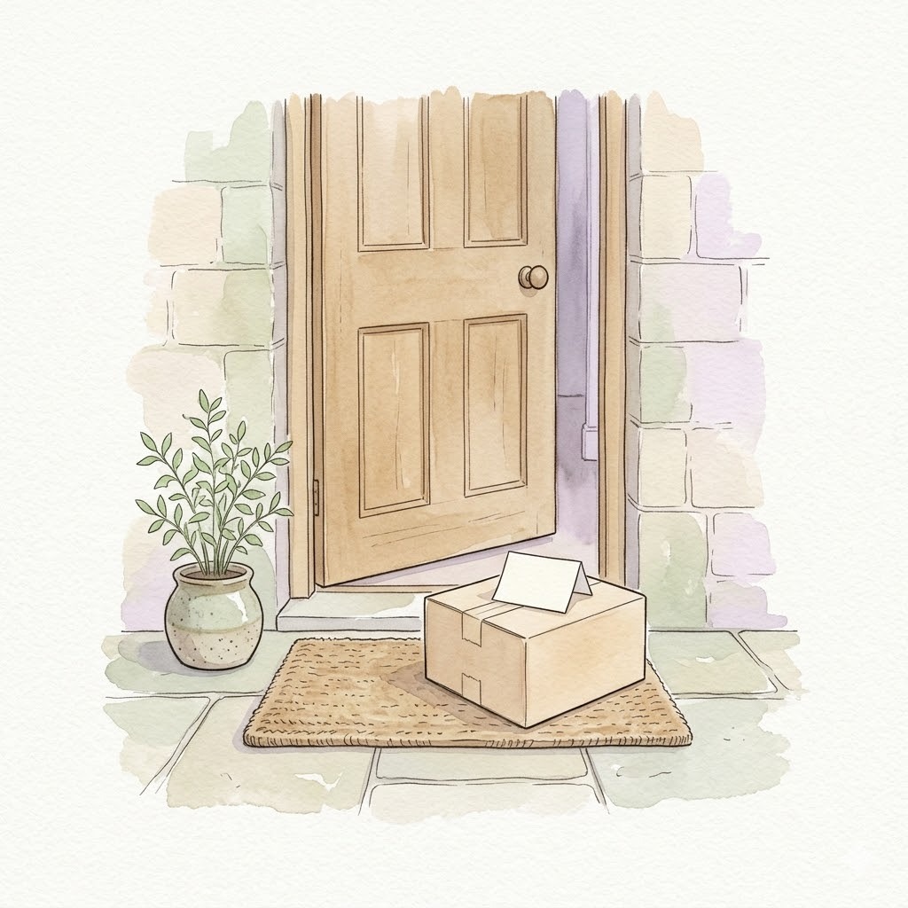 デメリット③置き配ができない｜玄関ドアと無地の段ボール箱とメモと観葉植物の水彩イラスト