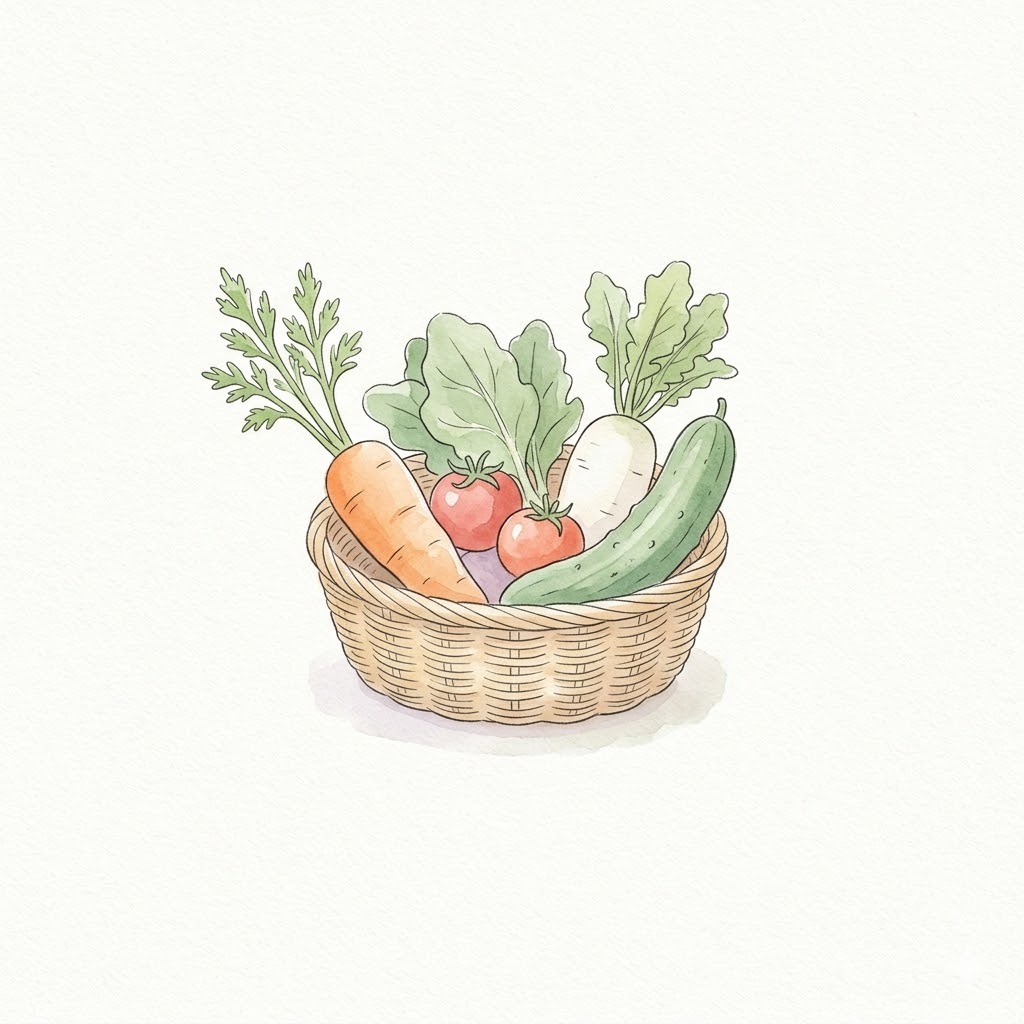 らでぃっしゅぼーやとの違い｜ふぞろい野菜を並べた籐カゴの水彩イラスト