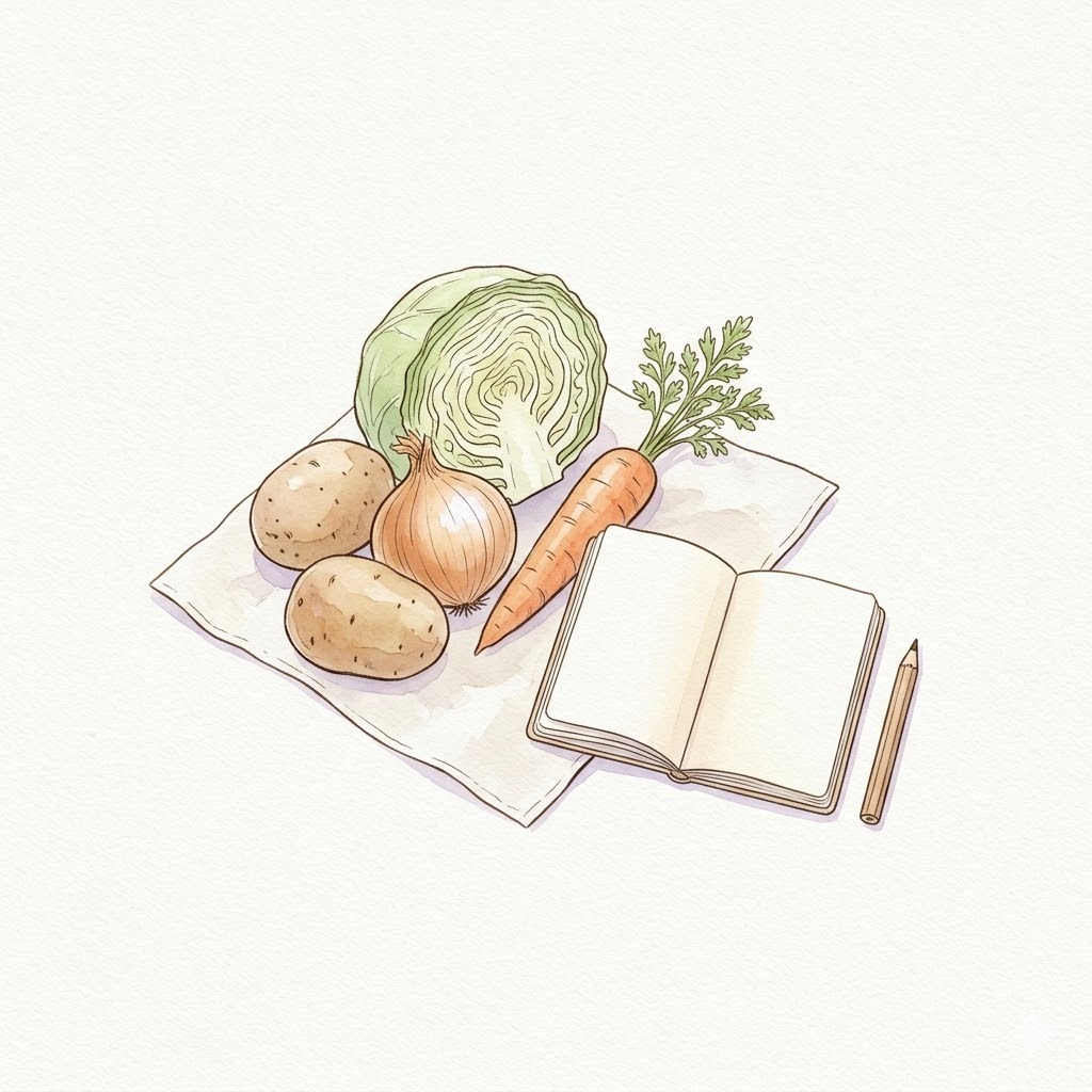 パルシステムとの違い｜日常野菜と無地ノートとペンで家庭向けを表した水彩イラスト