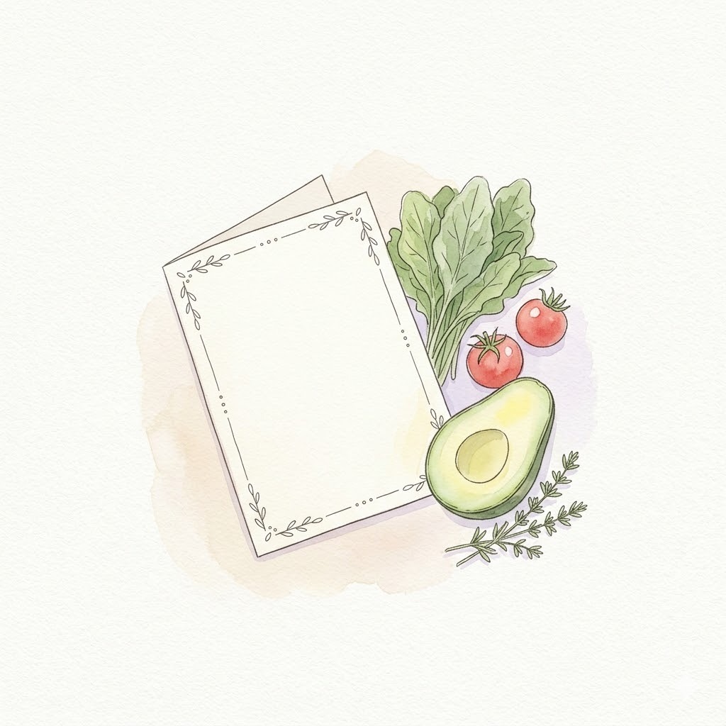 ヴィーガンメニューの選び方｜手書き風の無地メニューカードと葉物野菜とアボカドの水彩イラスト