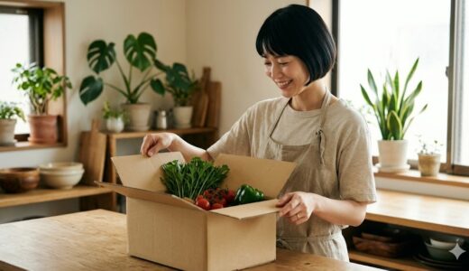 40代からのヴィーガン｜Oisixの宅配箱を開けて微笑む女性
