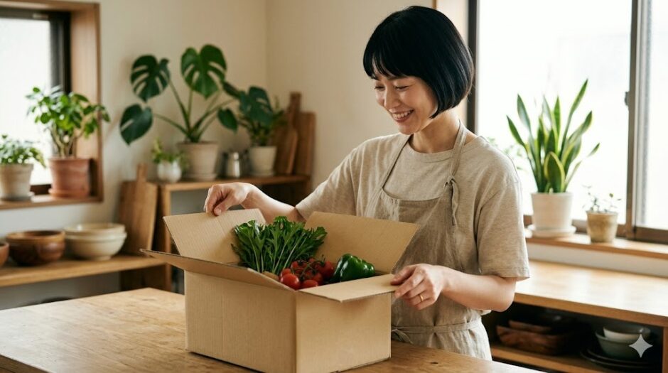 40代からのヴィーガン｜Oisixの宅配箱を開けて微笑む女性