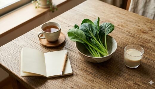 40代女性が朝の植物性の食卓に向き合うイメージ