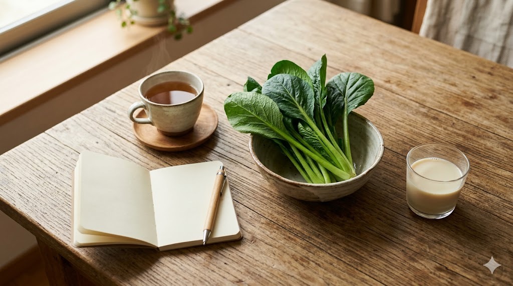 40代女性が朝の植物性の食卓に向き合うイメージ