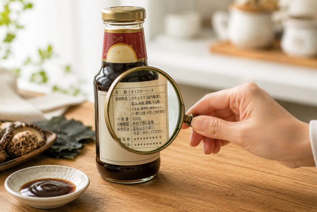 オイスターソースのボトルの裏面にある原材料表示を虫めがねで確認する女性の手元の写真