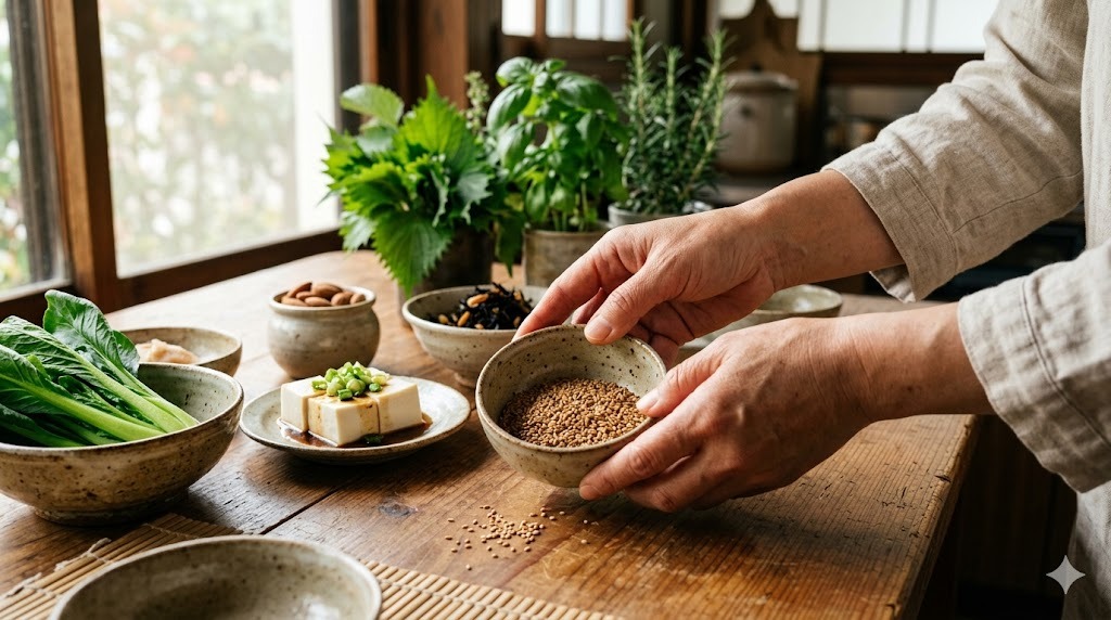 植物性カルシウム食品をごまの小鉢から手で選ぶクローズアップ