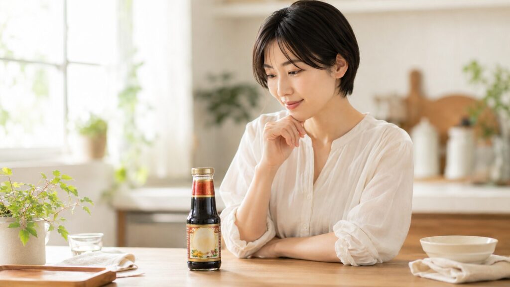 オイスターソースについて考えながらボトルを見る女性の写真