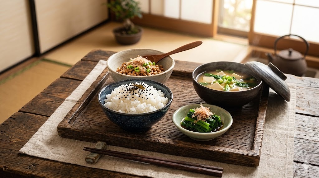 骨を守る40代の植物性朝食 納豆と小松菜の和朝食トレイのクローズアップ