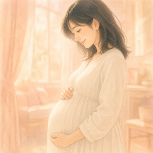 妊婦さんがふっくらしたお腹に両手を添えて穏やかな微笑みを浮かべる、妊娠中・授乳中・子どもへの配慮を表すサイドビュー