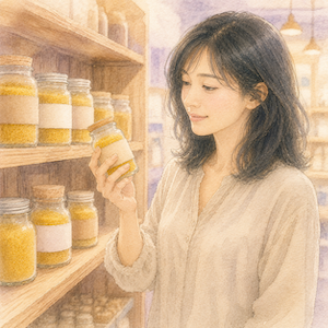 自然食品店の棚で35歳の女性が複数のニュートリショナルイースト瓶のなかから自分に合うタイプを選び取る瞬間