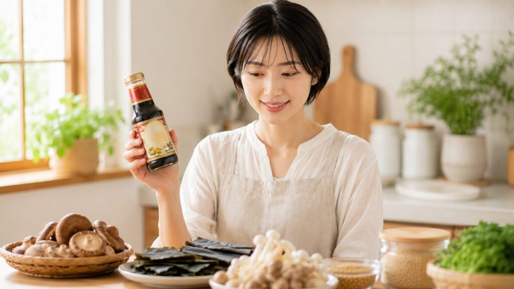 オイスターソースのボトルを手に、植物性の食材を見渡す女性の写真