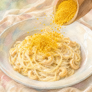 ヴィーガンクリームパスタにニュートリショナルイーストの黄色い粉末がふわりと舞い落ちる瞬間