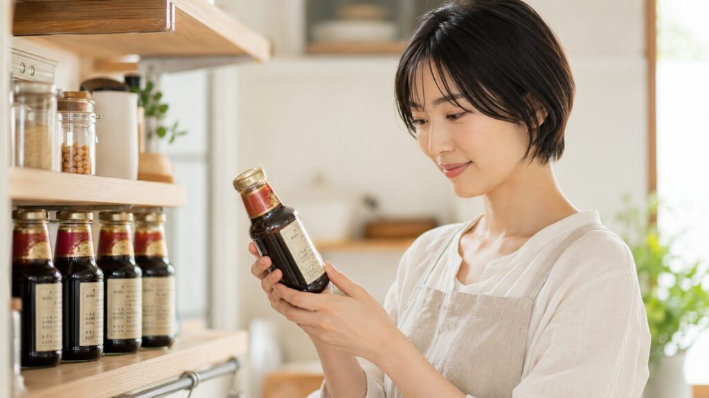 棚からヴィーガン対応オイスターソースを手に取り、裏面の表示を見比べる女性の写真
