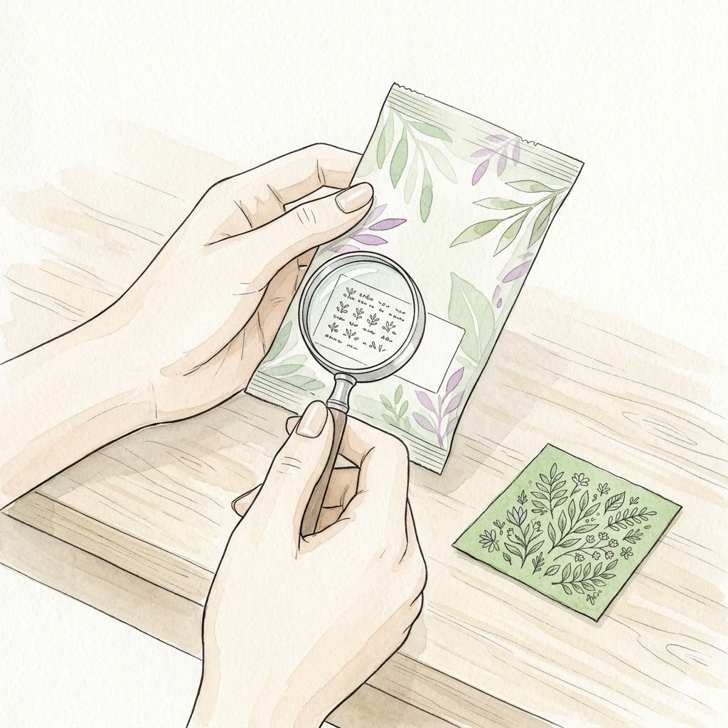 原材料表示を虫眼鏡で確認する手元と、ブランド信頼を象徴する緑のタグが置かれた水彩イラスト
