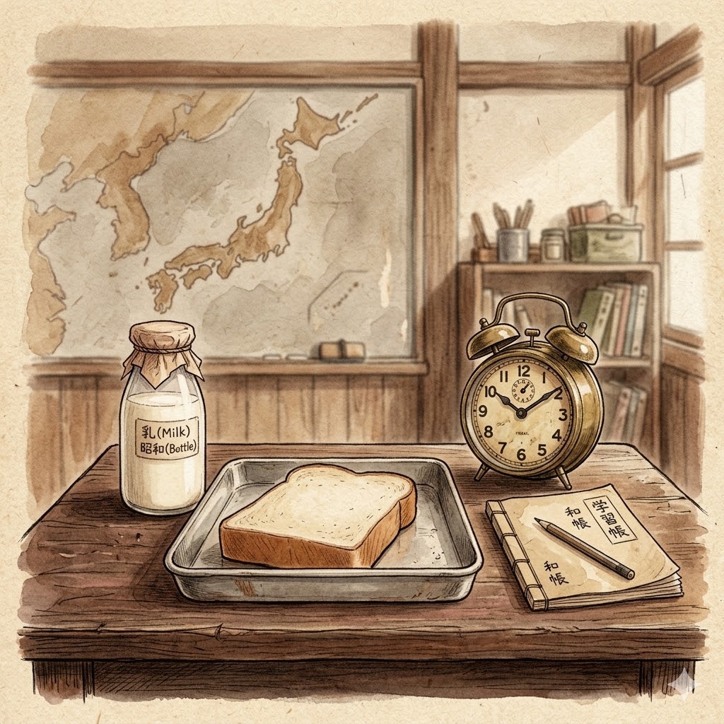 戦後の学校給食で牛乳が常識になった歴史を象徴するイラスト