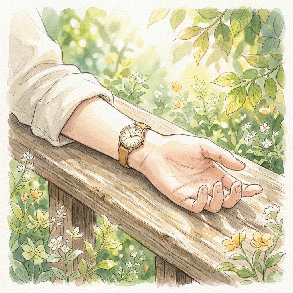 日光浴の正しい時間 夏は5分・冬は20分を示す陽光と腕時計のイラスト