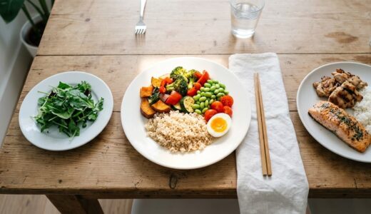 過激なヴィーガンと普通の食卓の間にある「おおむね」という第三の選択を示す3つの皿の俯瞰写真