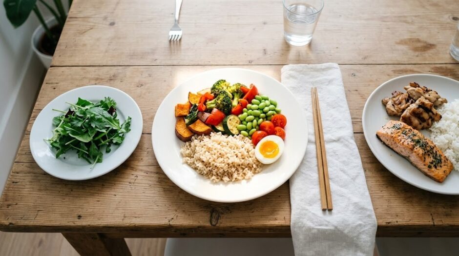 過激なヴィーガンと普通の食卓の間にある「おおむね」という第三の選択を示す3つの皿の俯瞰写真