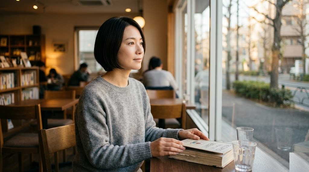 カフェの窓辺で本を閉じ遠くを見つめる35歳女性|ヴィーガンをやめた人の静かな心情