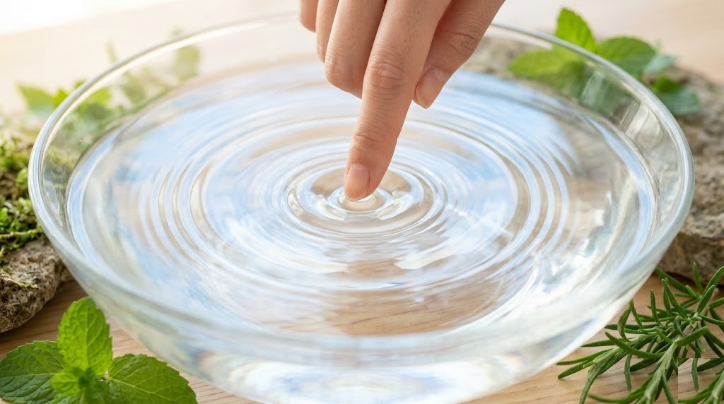 澄んだ水面に広がる同心円の波紋に指先で触れる|コヴィー影響の輪を象徴する写真