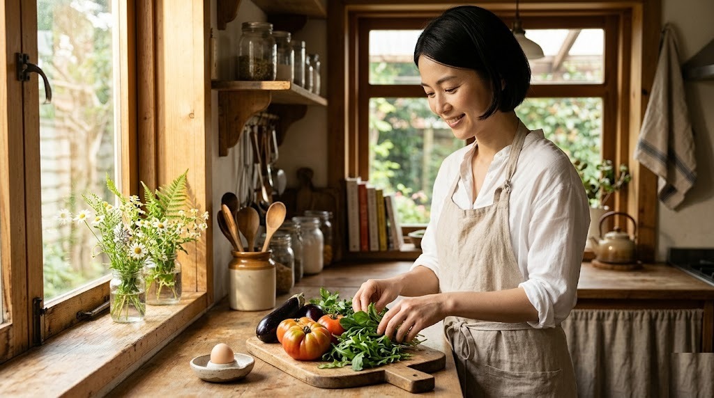 木のキッチンで季節野菜を並べる35歳女性と添えられた茹で卵|9年続けたおおむねヴィーガンの日常