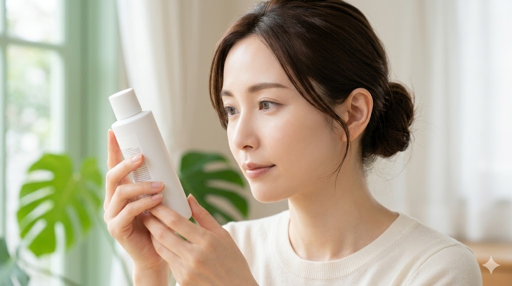 ヴィーガン日焼け止めの落とし穴に気づく美しい日本人女性が成分表示を確認する写真