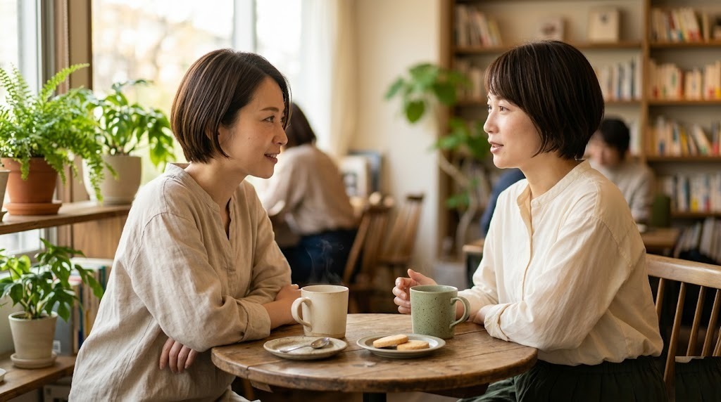 カフェで温かいハーブティーを挟んで穏やかに対話する35歳女性二人|ヴィーガンよくある質問