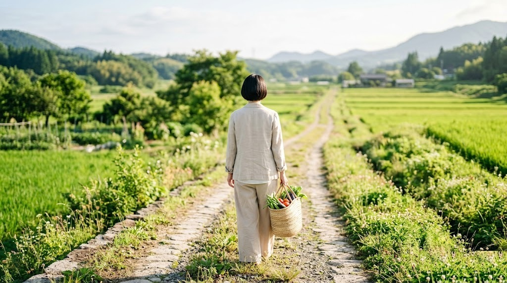 朝日に照らされた田舎の小道を野菜カゴを持って歩く35歳女性の後ろ姿|おおむねで歩き続けるという答え