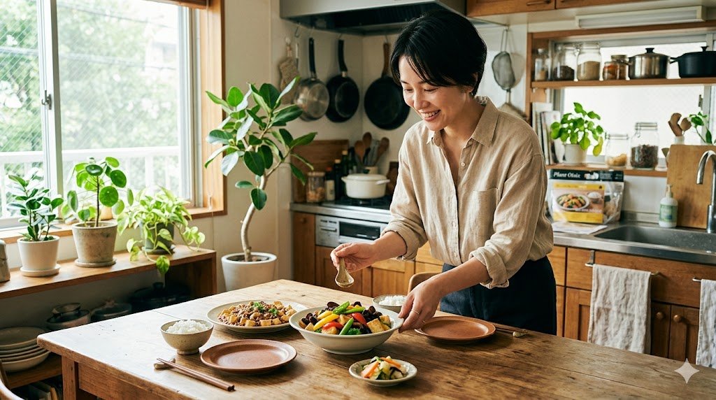 Plant Oisixのミールキットで作った中華料理を食卓に並べる40代の日本人女性 ナチュラルな日本のキッチン