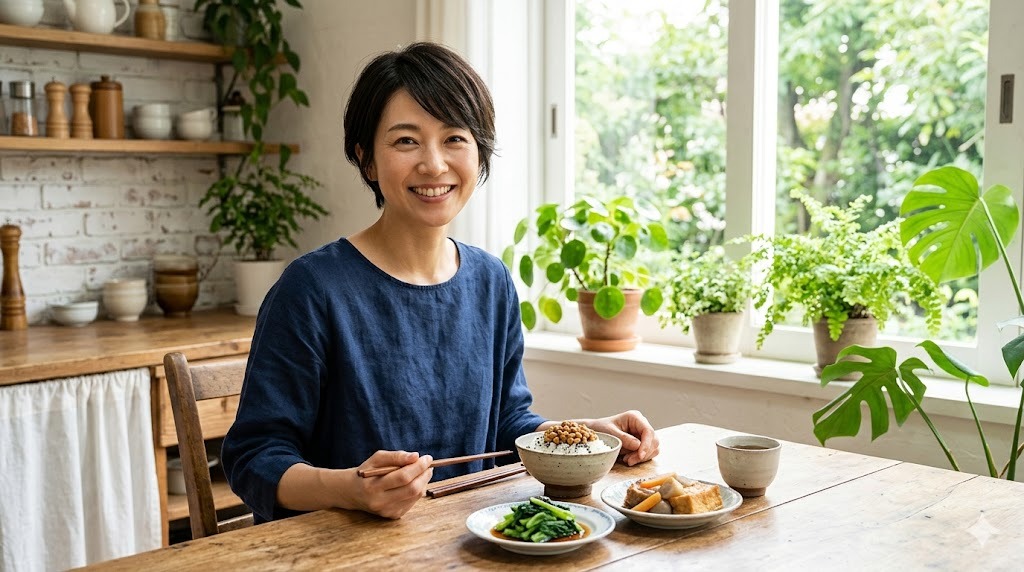 40代女性が植物性カルシウム食材の朝食を前に微笑む。納豆・小松菜・厚揚げ・黒ごまふりかけご飯