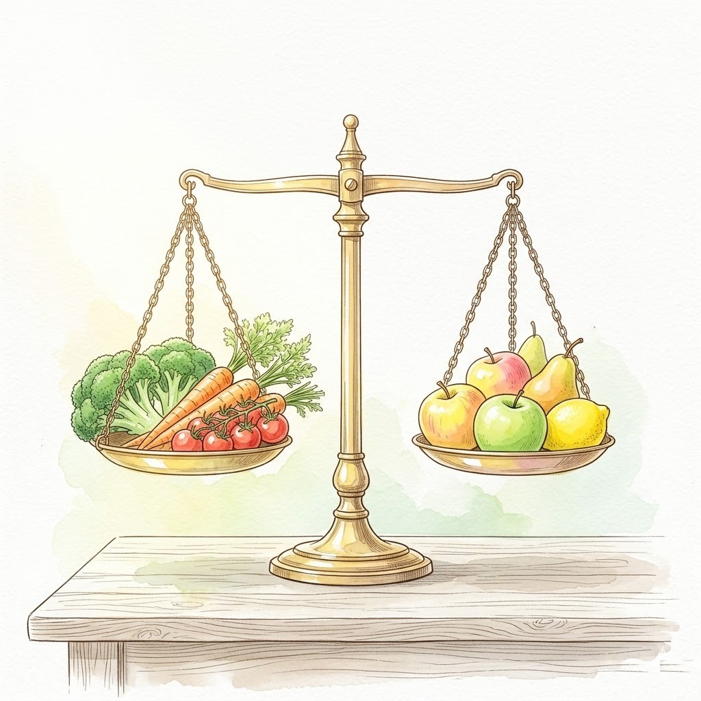 金の天秤に色とりどりの野菜と果物が均等に乗る水彩画|公平な視点を持つ象徴