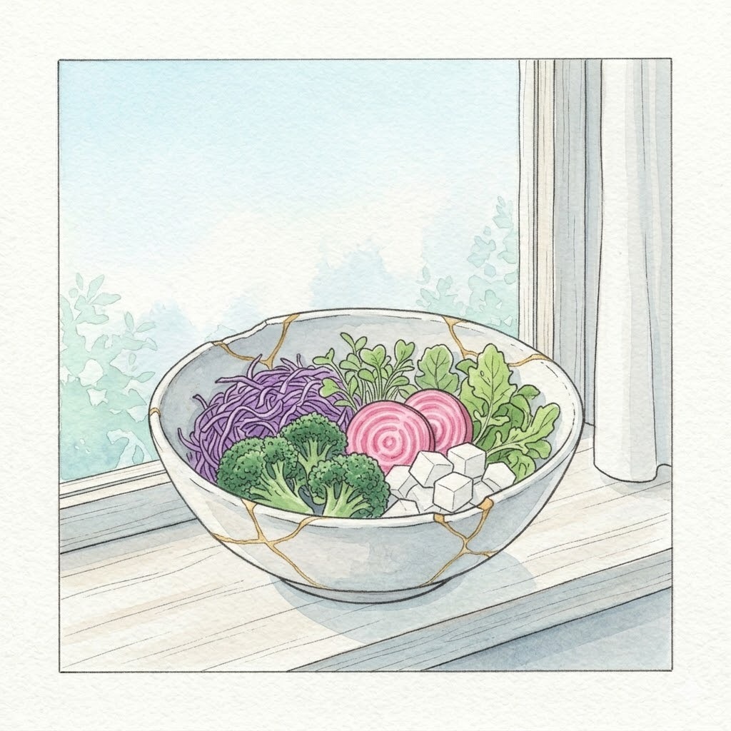 金継ぎの線が入った欠けた手作り陶器の器に彩り野菜が美しく盛られた水彩画|完璧でない美しさの象徴