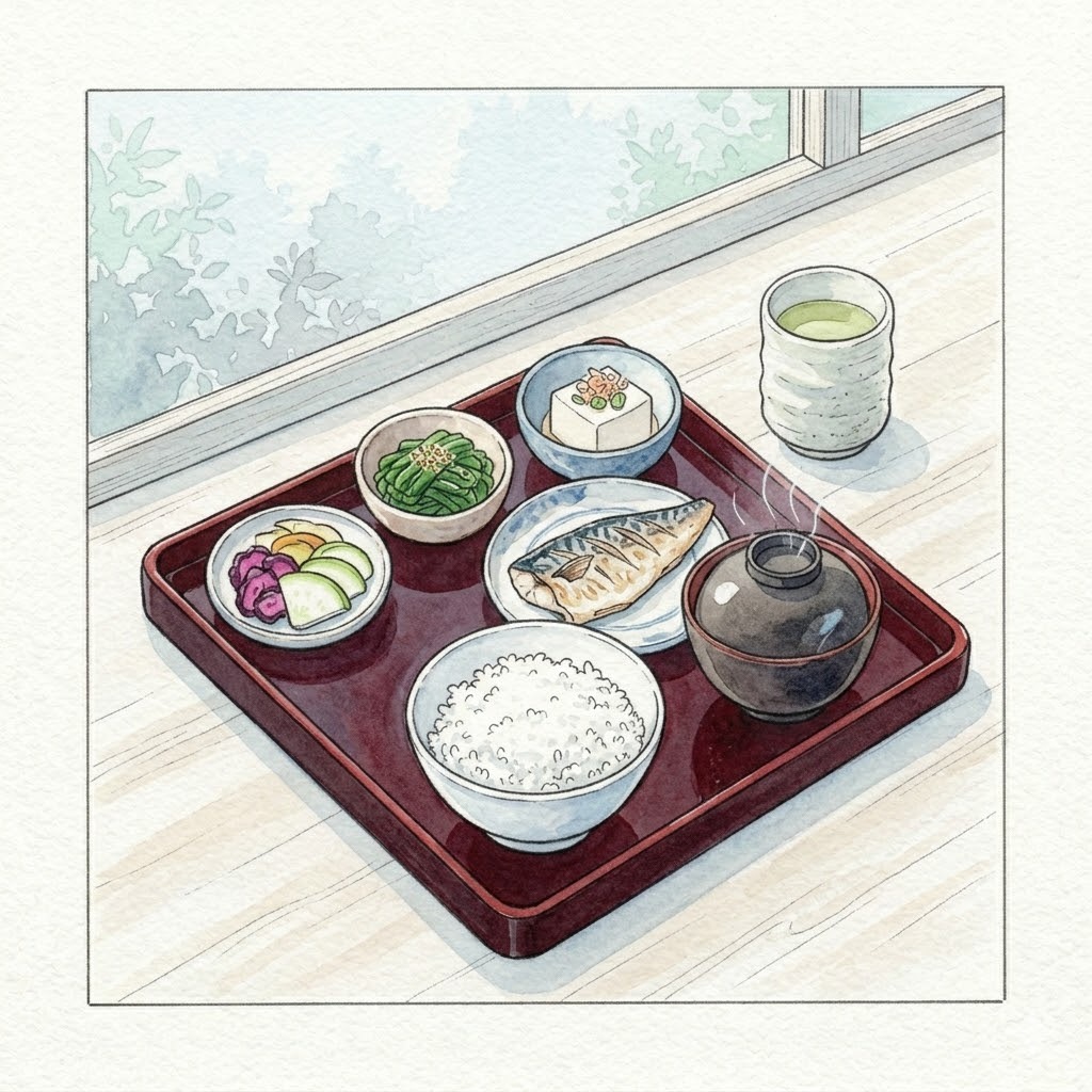 旅館の朝食膳(味噌汁・焼き魚・ご飯・小鉢)の水彩画|旅先の食卓を楽しむ例外の象徴