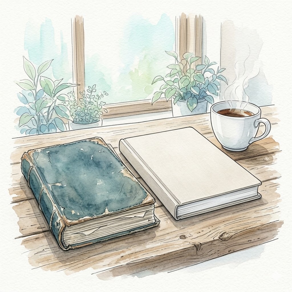 古い手帳と新しい手帳と湯気立つお茶の水彩画|9年続けた時間の積み重ね
