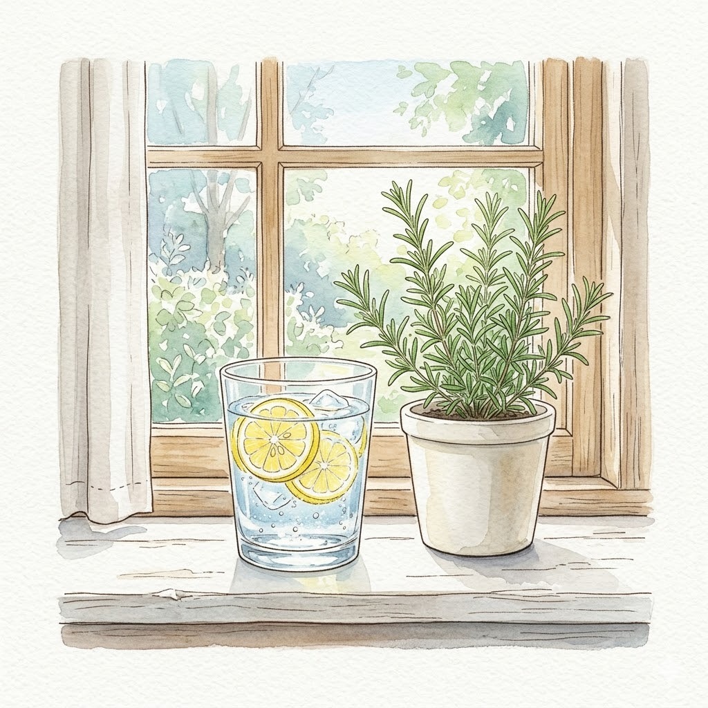 朝の窓辺のレモン水と観葉ハーブの水彩画|自分の体調を最優先する朝の習慣
