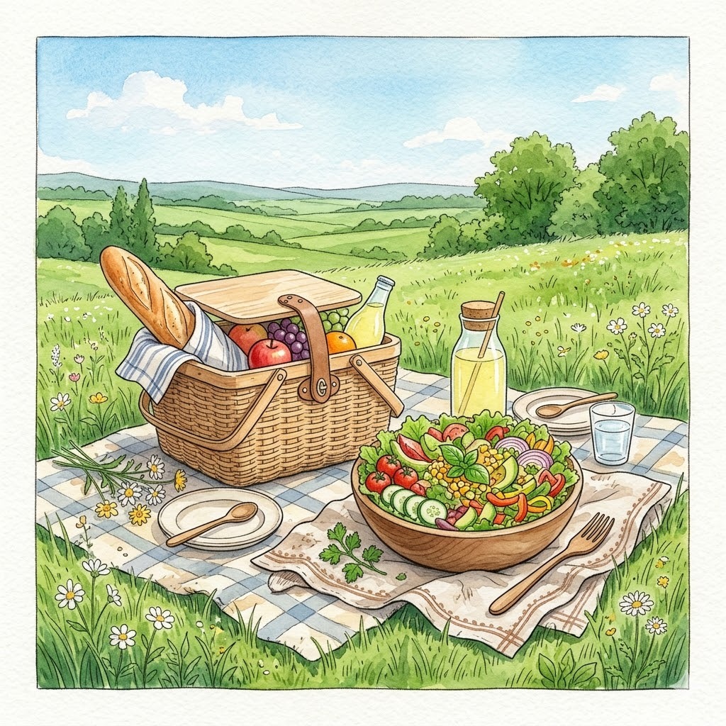 青空の公園のピクニックと彩り野菜サラダの水彩画|楽しそうに生きる最大の宣伝の象徴