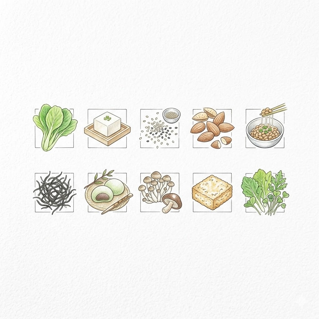 植物性カルシウム源10種類のグリッド配置イラスト