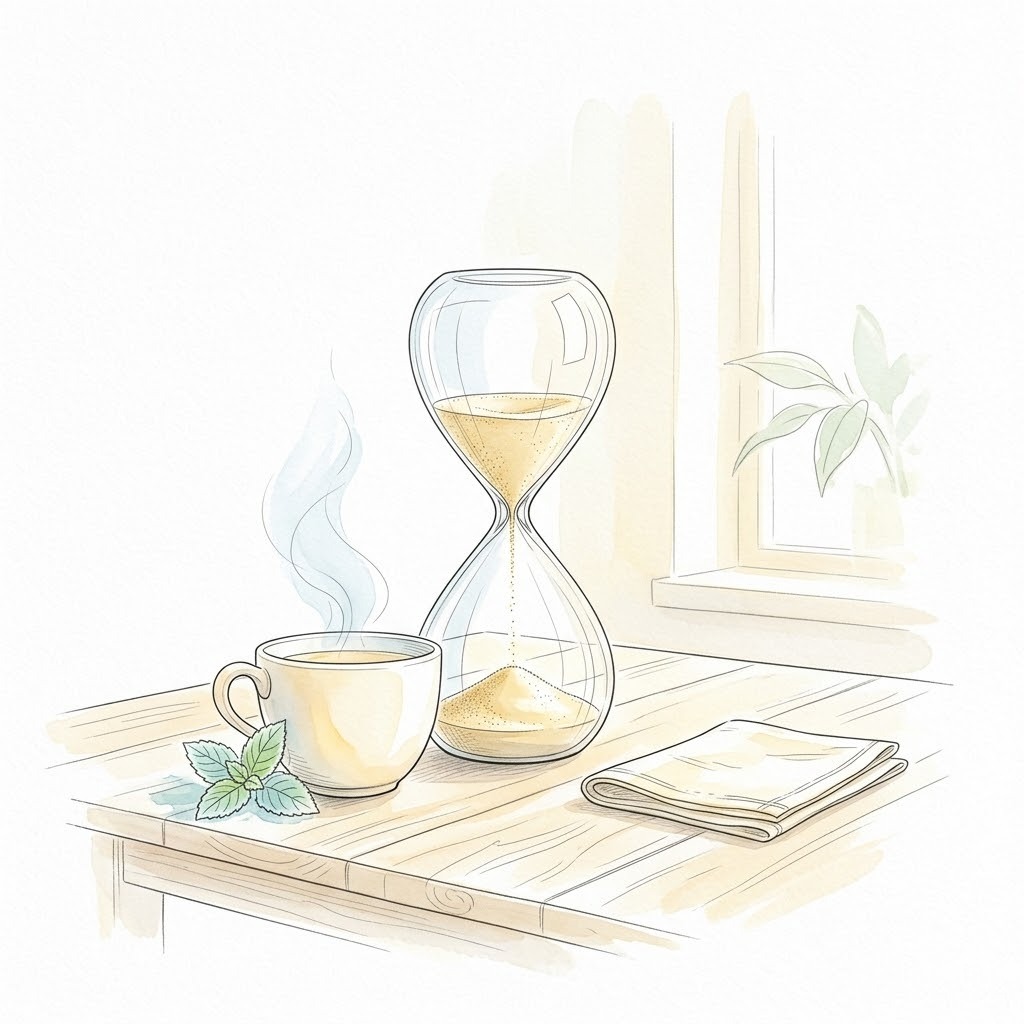 砂時計と湯気立つお茶の水彩画|焦らず一息つく時間の象徴