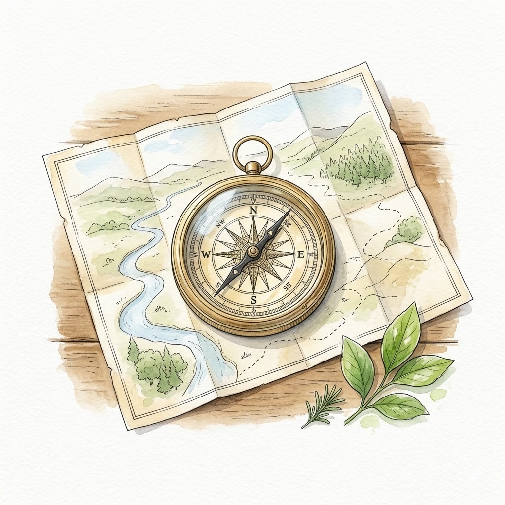方位磁石と古い地図の水彩画|本来の目的を見失わない象徴