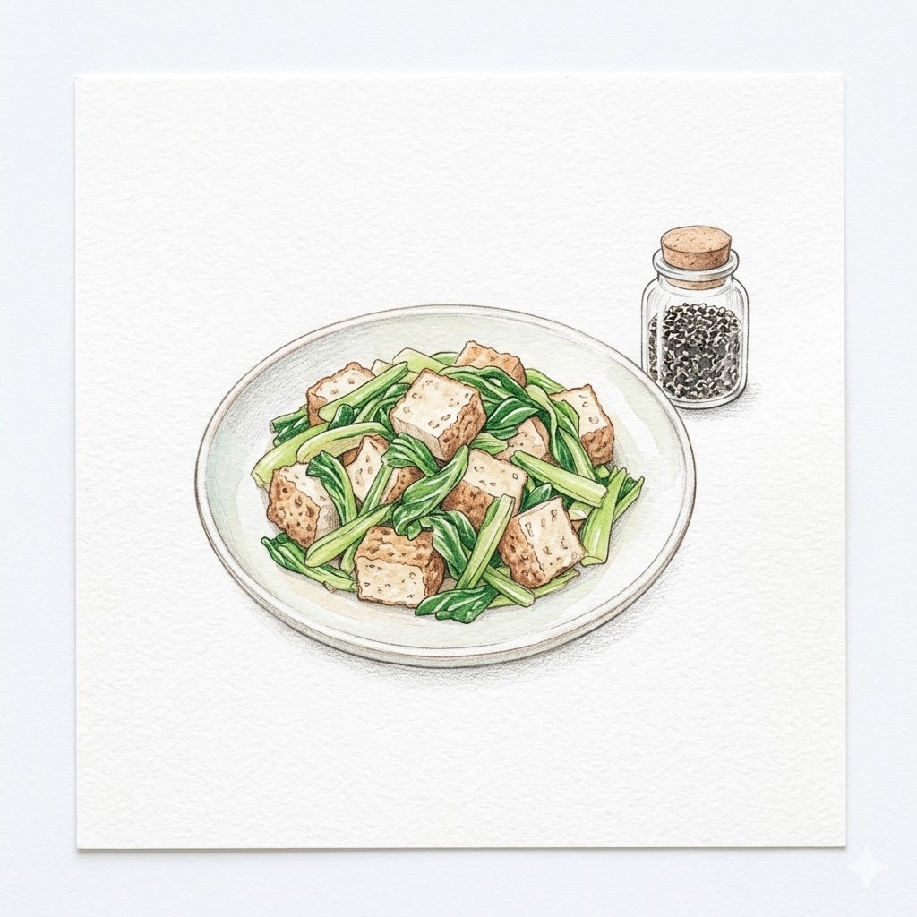 昼食と間食で厚揚げ烒めとごまふりかけからカルシウム250mgを摂る献立イラスト