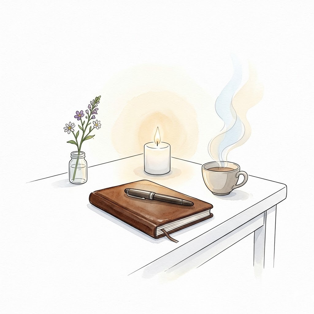 優しく灯るキャンドルと閉じた手帳と湯気立つお茶の水彩画|ひと息つく休息の象徴