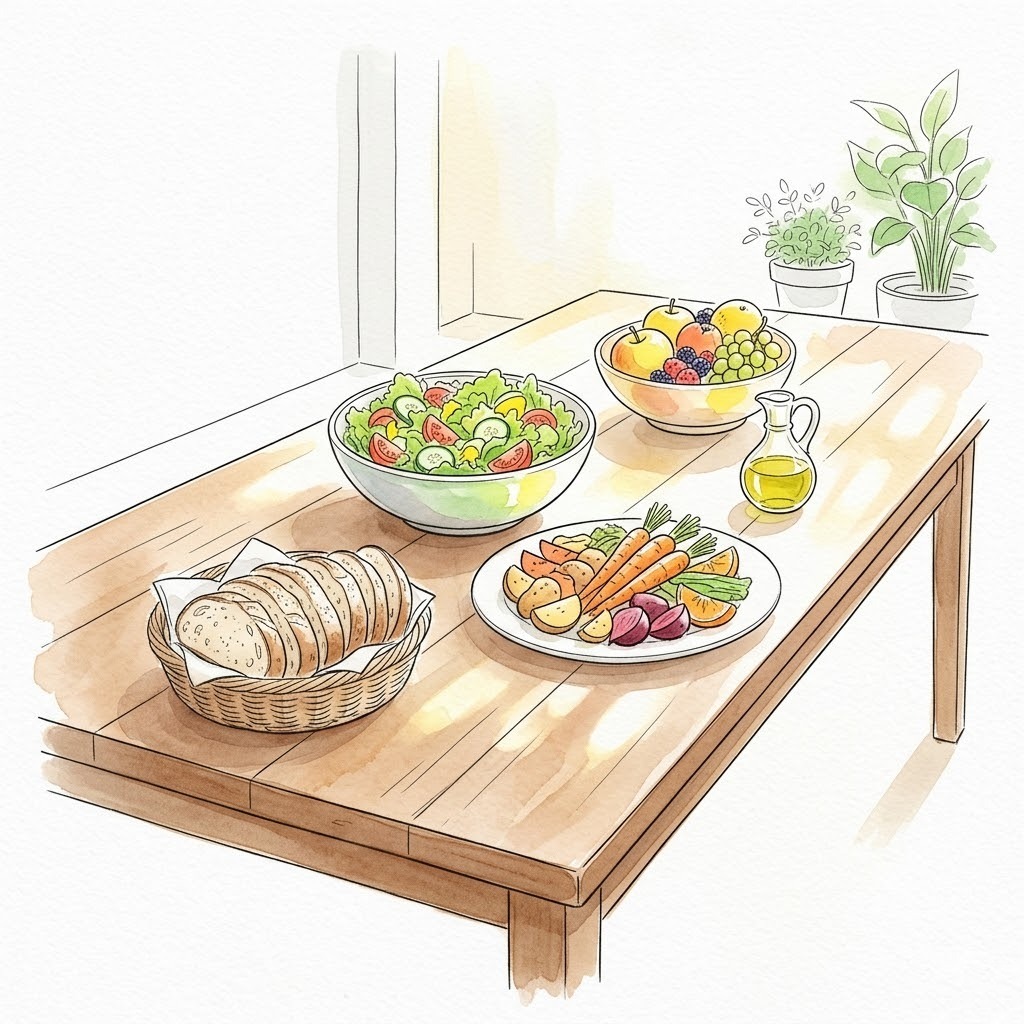長いテーブルに彩り豊かに並ぶサラダや野菜・パン・果物の水彩画|誰もが囲める食卓の象徴