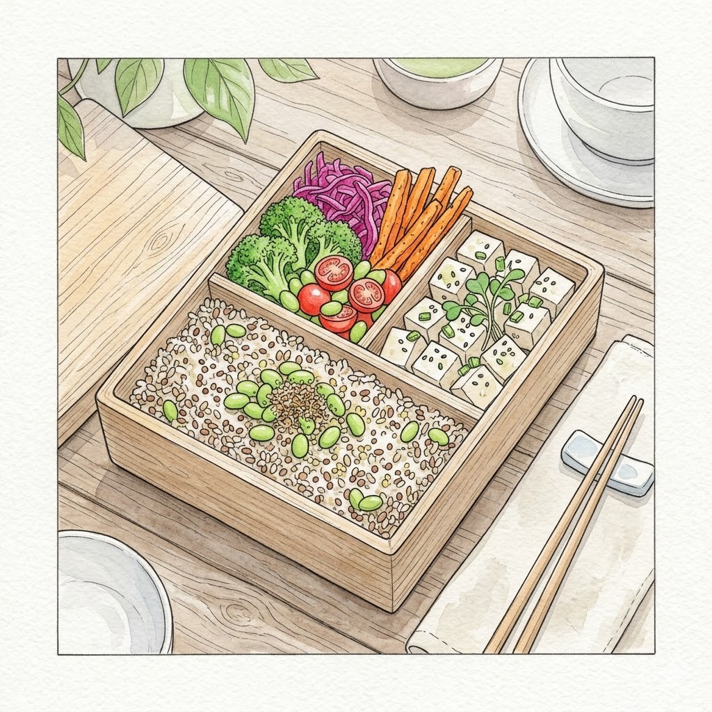 彩り豊かな植物性食材の手作り弁当箱の水彩画|自分の食事に集中する象徴