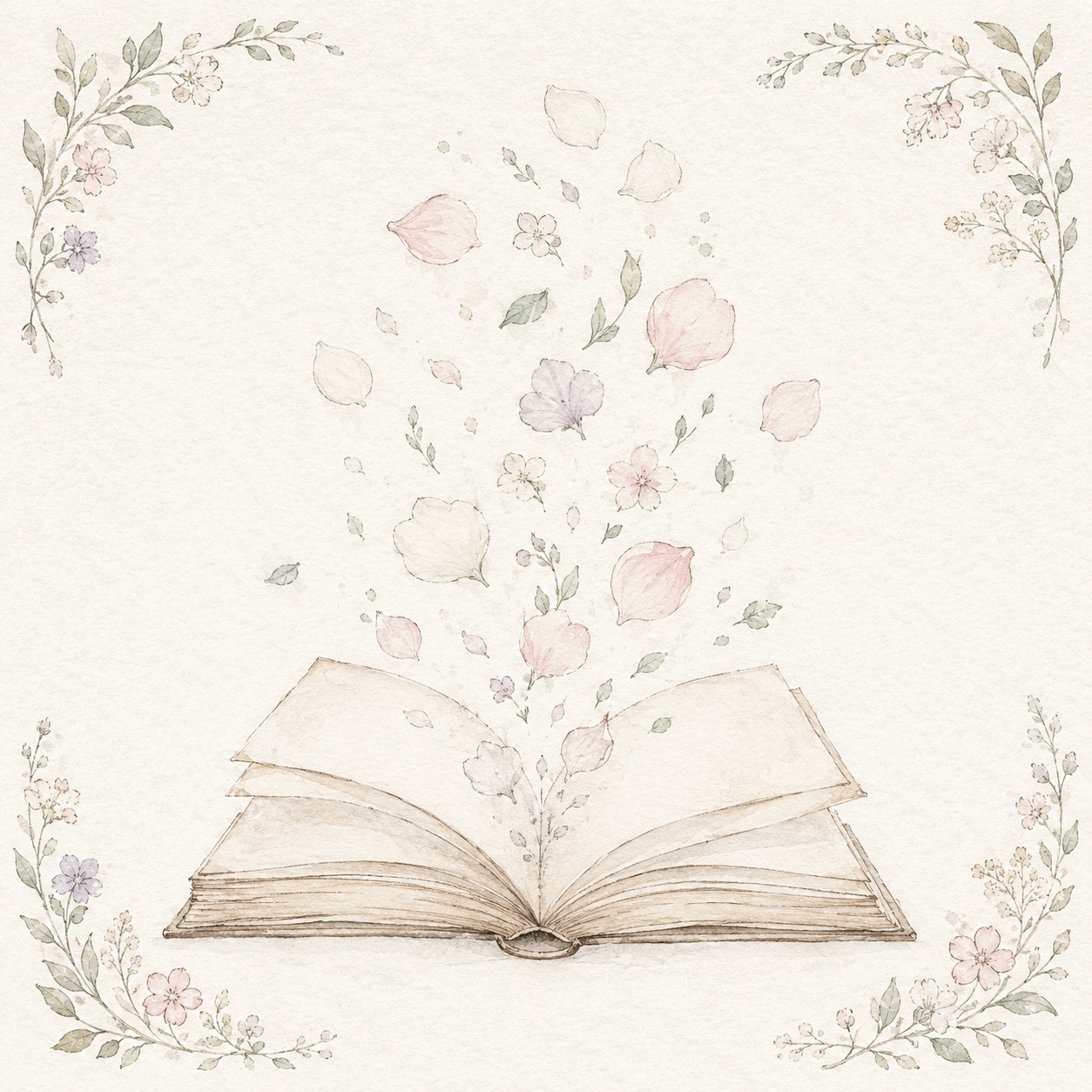 開いた古い洋書から花びらや葉がふわりと舞い上がる水彩イラスト。「ヴィーガン顔」という言葉が広がる様子のイメージ