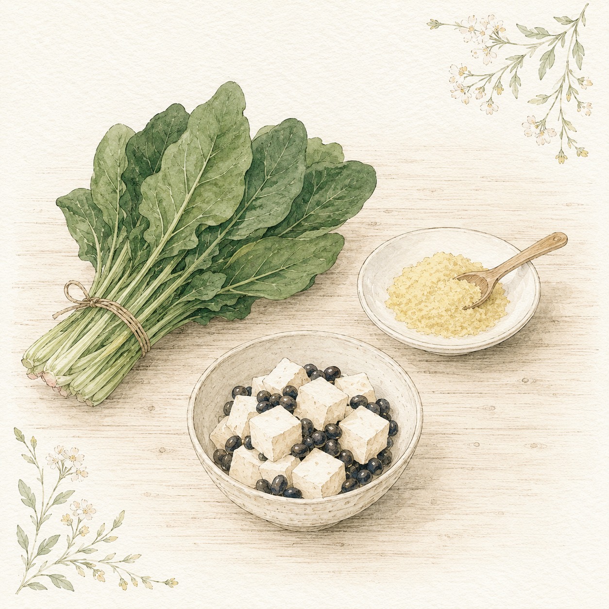 葉野菜の束・小皿に盛った栄養酵母・豆腐と黒豆の小鉢を並べた水彩イラスト。鉄・B12・たんぱく質の食材イメージ