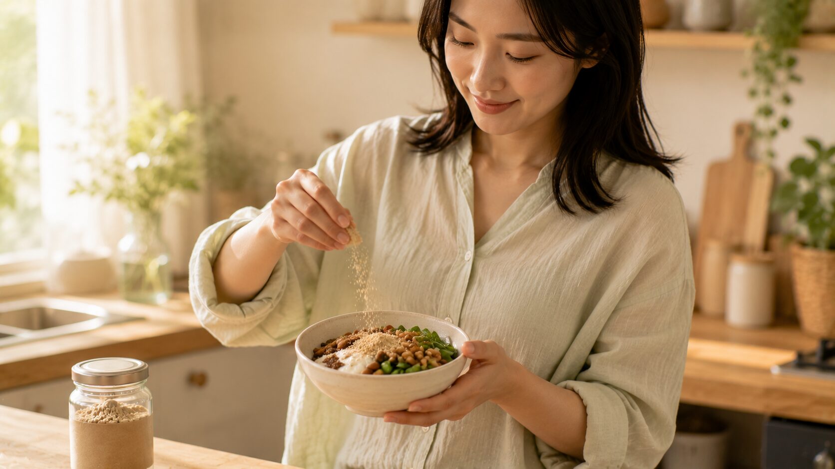 米ぬかパウダーと、不足しがちな栄養素を補う自然食材（ナッツ・大豆・葉物）を並べたフラットレイ