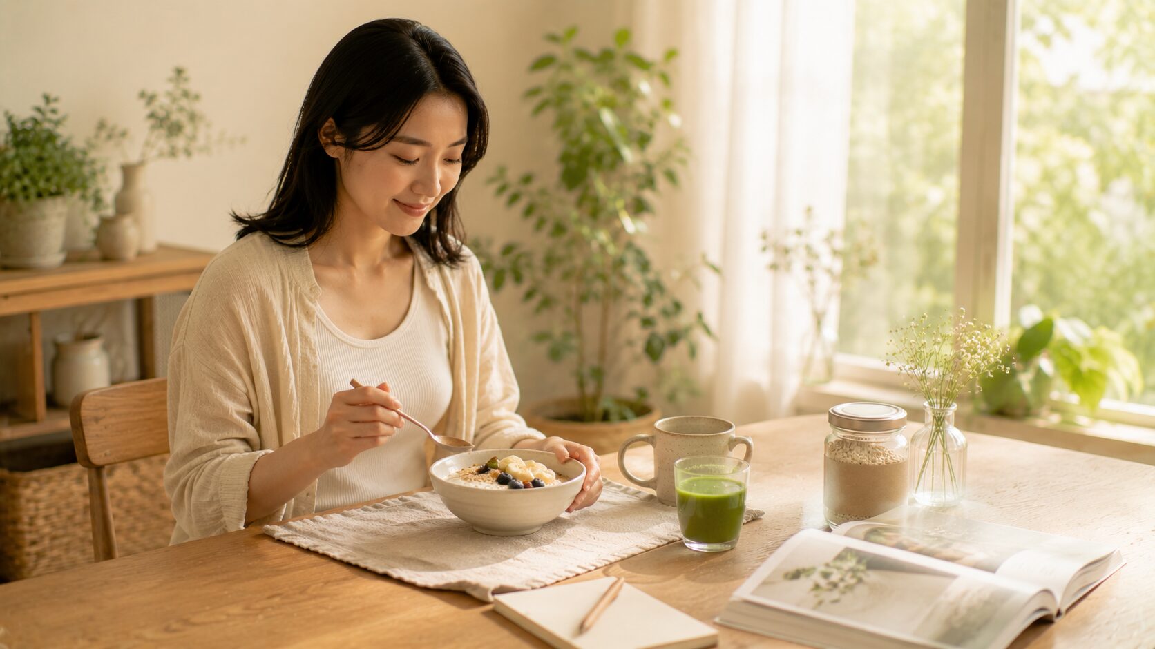 豆乳ヨーグルトに米ぬかパウダーをふりかけた朝食、健康的な40代以上向けの食卓