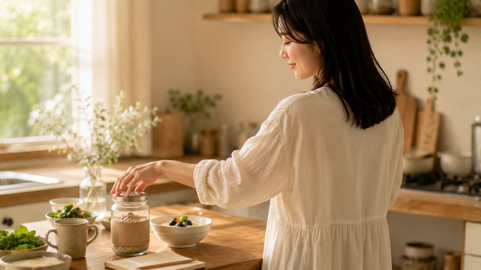 3ヶ月使い込まれた米ぬかパウダーの瓶と日常のキッチン、ヴィーガン淑女が朝食を準備する風景