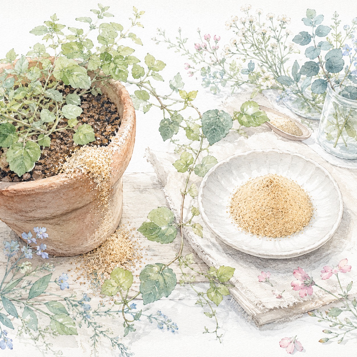 植木鉢の米ぬかと白い小皿の食用米ぬかパウダーを並べた水彩イラスト、肥料から食用への変化