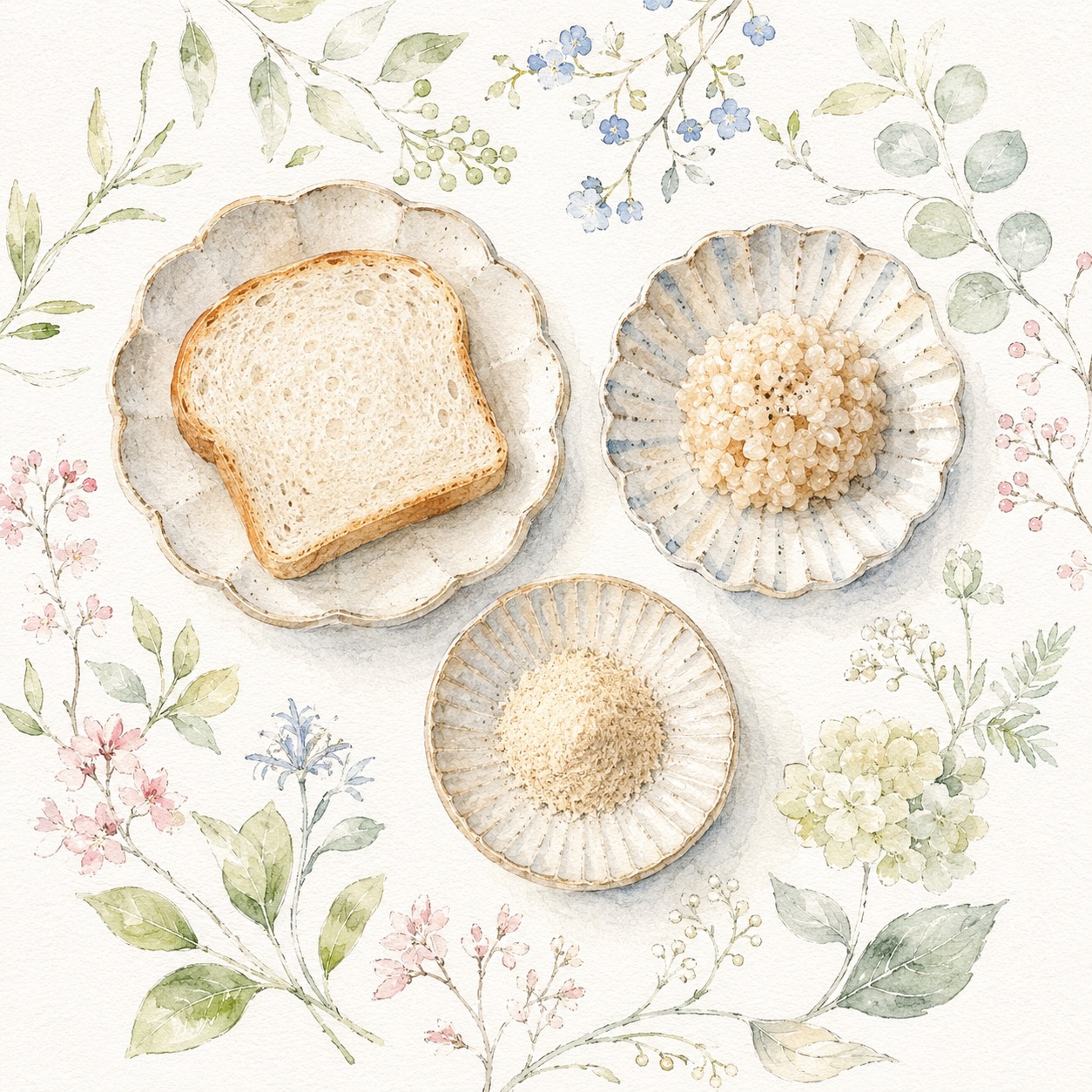 米粉パン・玄米ご飯・米ぬかパウダーを並べた和食器フラットレイ水彩イラスト